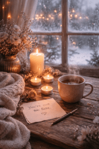 Candles and a warm drink on a table.