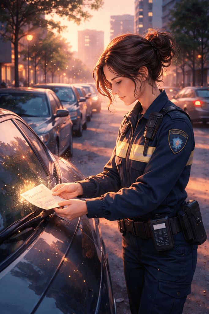 Policewoman placing a ticket on a car windshield