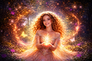 A smiling young woman with magic swirling around her