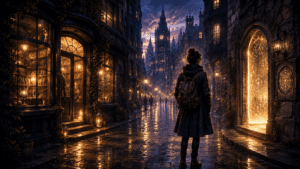 A person walking down a dark street looking for magic