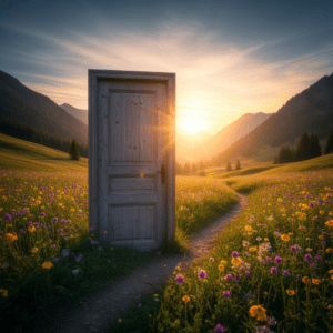 A beautiful old wooden door standing alone in a wildflower meadow at sunrise.