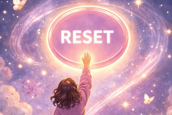 Whimsical image of girl reaching to the stars to press a reset button