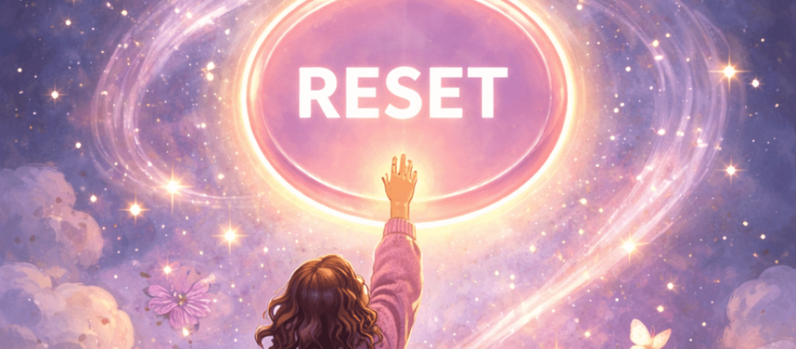 Whimsical image of girl reaching to the stars to press a reset button