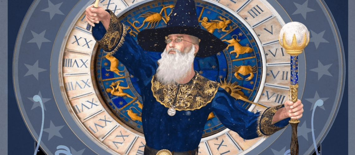 A drawn wizard holding a magic wand