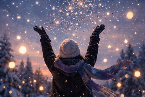 Person standing in snow tossing glitter