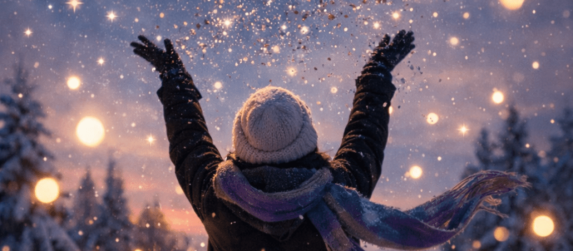 Person standing in snow tossing glitter