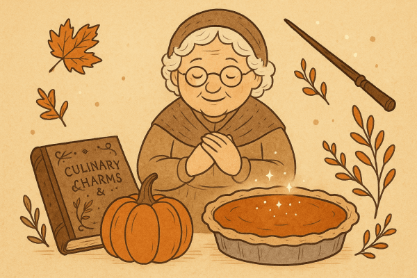 A grandmother backing an enchanted pumpkin pie