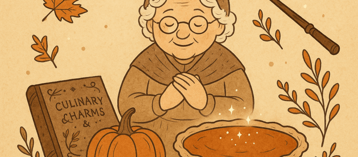 A grandmother backing an enchanted pumpkin pie