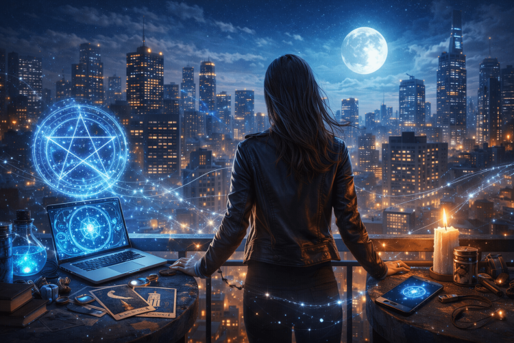 A backdrop of a city at night. A woman is standing by magical computer equipment.