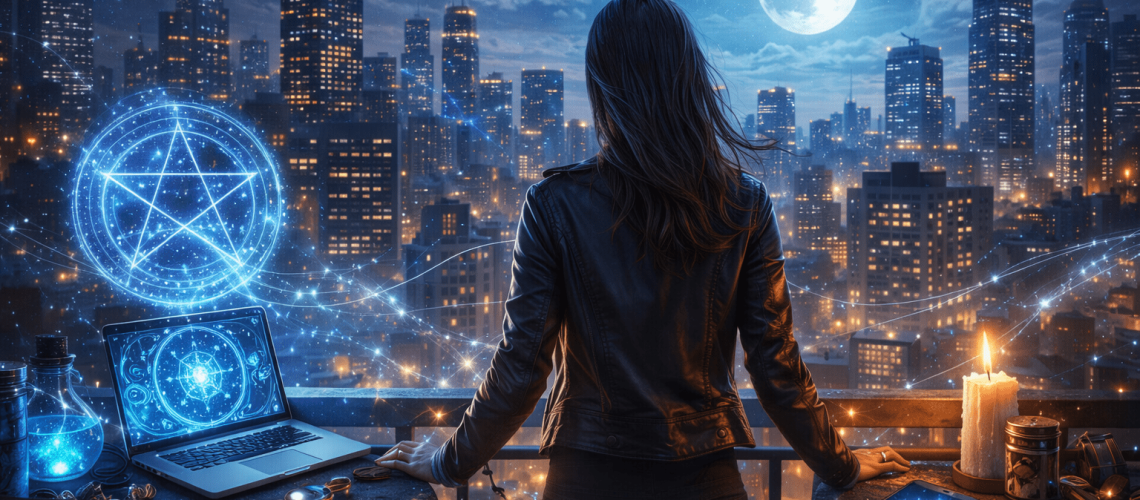 A backdrop of a city at night. A woman is standing by magical computer equipment.
