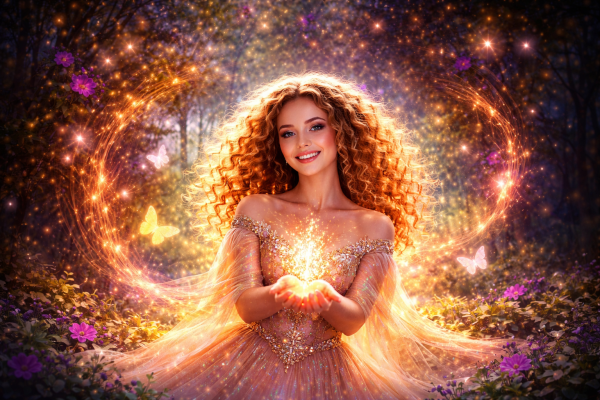 A smiling young woman with magic swirling around her