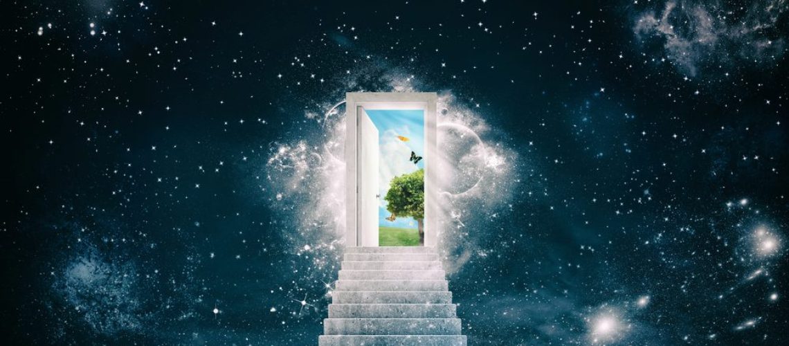 A door at the top of a white stairway that opens into a magical land.