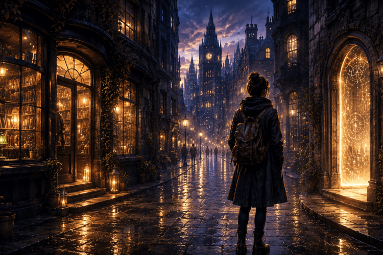 A person walking down a dark street looking for magic
