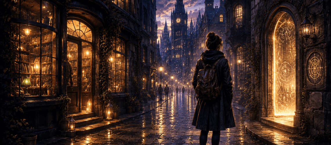 A person walking down a dark street looking for magic
