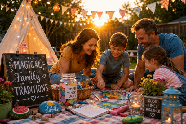 Family sitting at a campsite