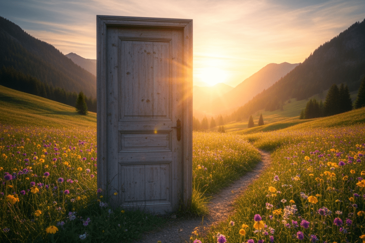 A beautiful old wooden door standing alone in a wildflower meadow at sunrise.