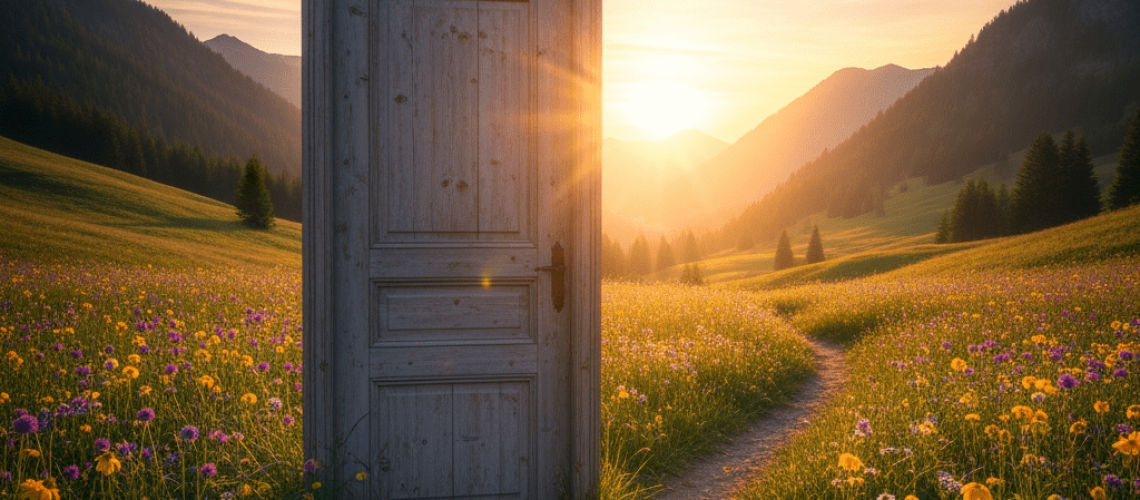 A beautiful old wooden door standing alone in a wildflower meadow at sunrise.