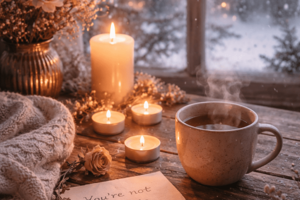 Candles and a warm drink on a table.