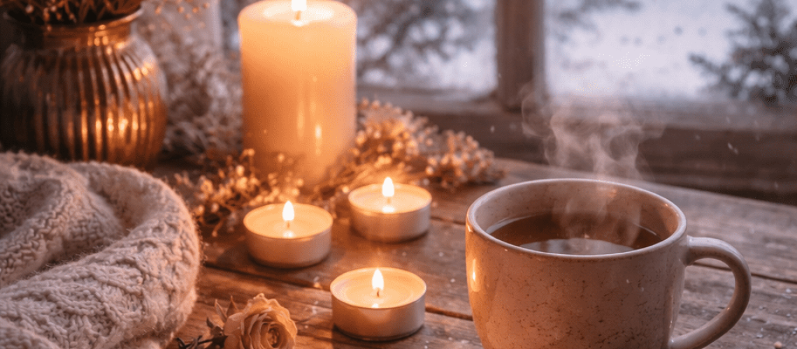 Candles and a warm drink on a table.