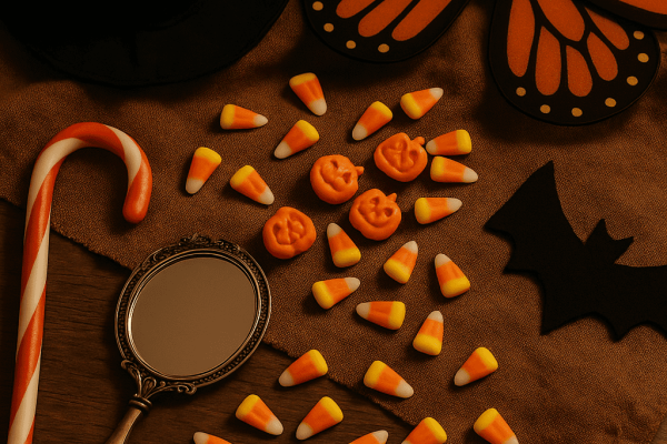 Halloween costume pieces, candy, and a hand mirror