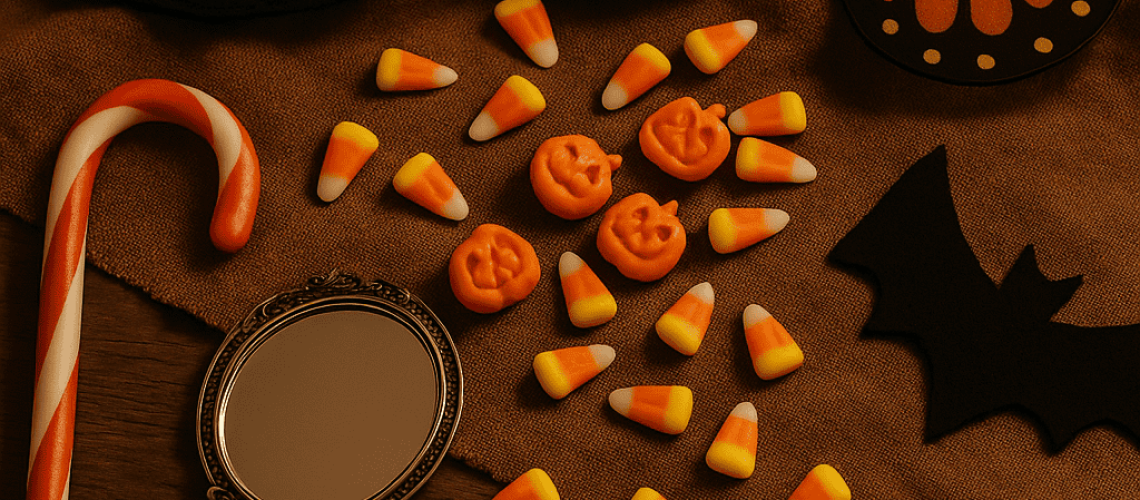 Halloween costume pieces, candy, and a hand mirror