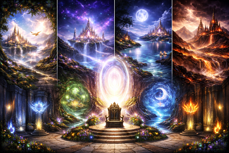 Four magical realms: fire, sky, water, and moonlite