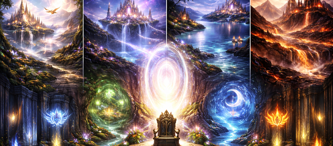 Four magical realms: fire, sky, water, and moonlite