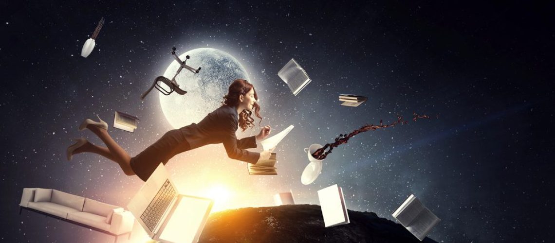 Woman floating in air surrounded by chair, books, papers
