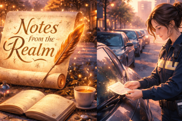 Scroll with magic writing feather, Notes from the Realm